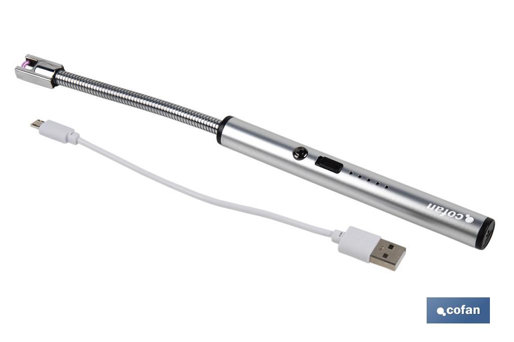 Isqueiro elétrico | Isqueiro com USB recarregável | Isqueiro com arco elétrico | cabeça longa flexível | Indicador de bateria | Tamanho: 26 x 1,5 cm - Cofan